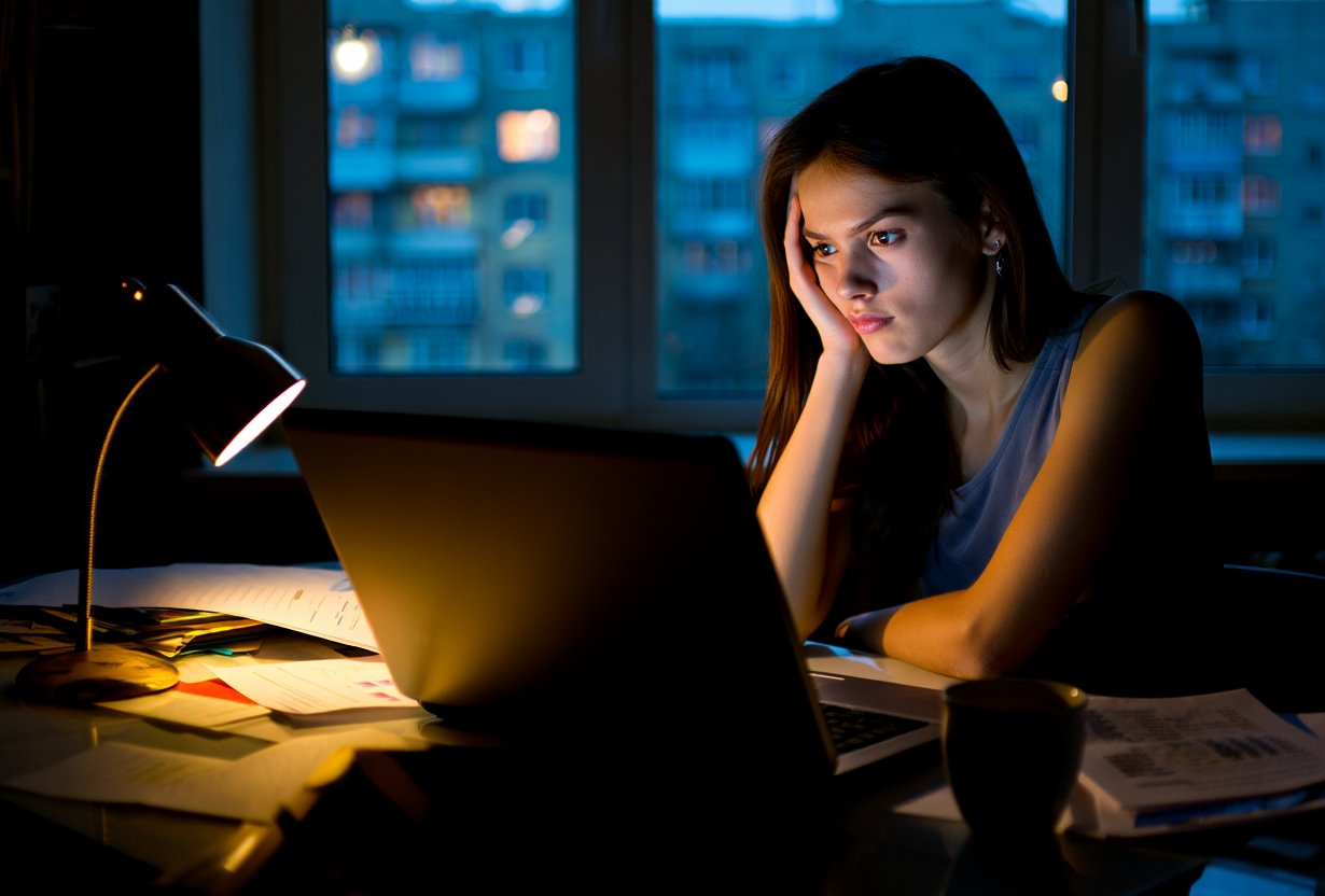 Девушка сидит за компьютером при темном освещении
